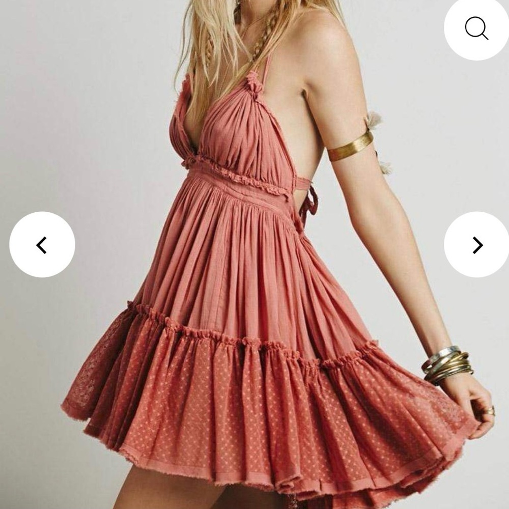 Boho Mauve Pink Halter Mini Dress Large Mesh Swiss Dot Ruffle Tiered Backless